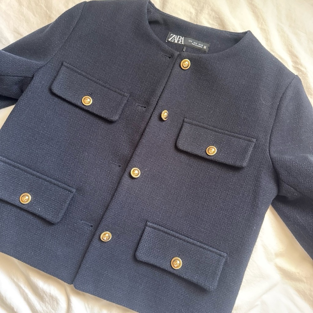 ZARA Navy Boxy Blazer with Gold Buttons